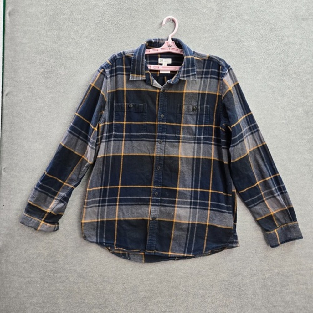 GAP Men Button Up Shirt L Blue Plaid Standard Fit Button Long Sleeve Logo Cotton